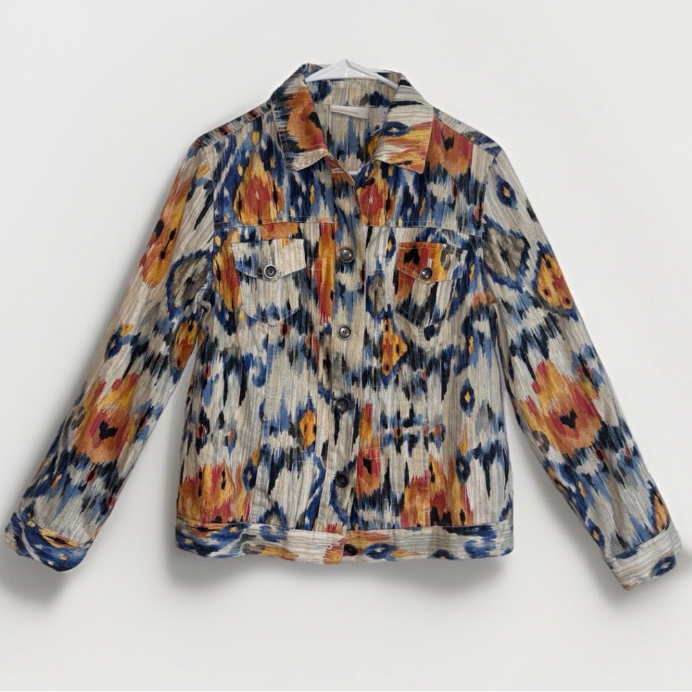 Chicos Jacket 1 Linen Blend Southwestern Aztec Trucker Art to Wear Colorful M L